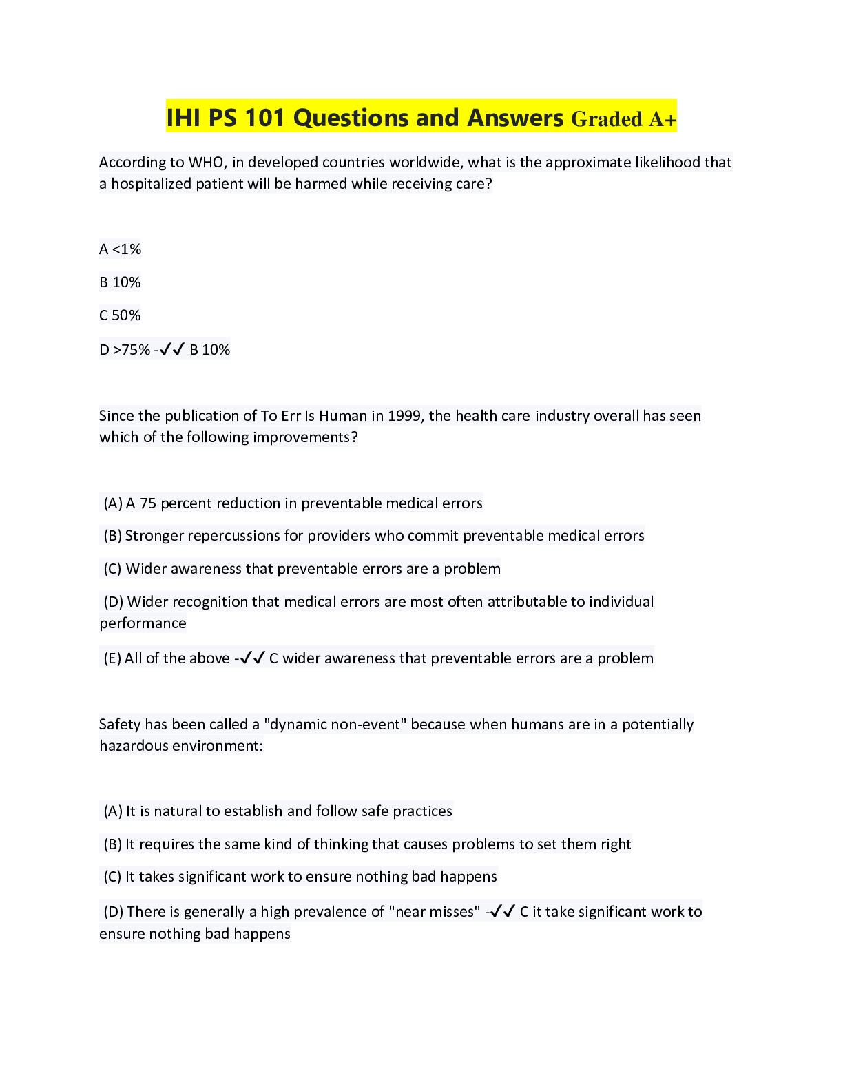 Preview of IHI PS 101 Questions and Answers Graded A+